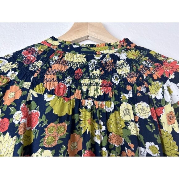 Odille Navy Floral Smocked Neck Long Sleeve Top Size 2 - Picture 5 of 9